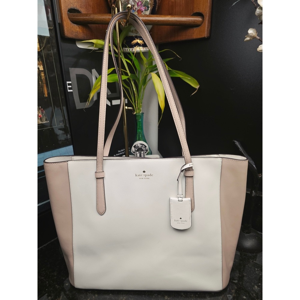 Kate Spade Tote Bag Large White Beige Colorblock Soft Leather WKRU6564 Work